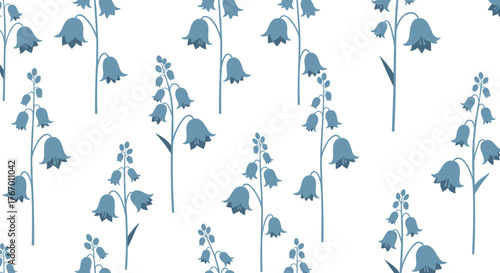 Seamless pattern of blue bell flowers on a white background.