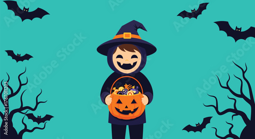 A child dressed as a witch holds a pumpkin bucket full of candy on Halloween surrounded by bats and spooky trees.