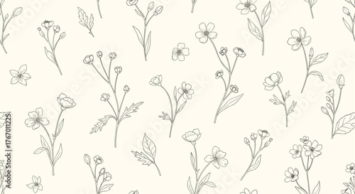 Seamless pattern of delicate line-drawn wildflowers on a cream background, perfect for botanical designs.