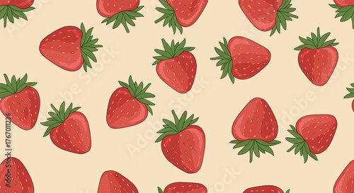 A repeating pattern of cheerful, hand-drawn strawberries scattered across a pale yellow background.