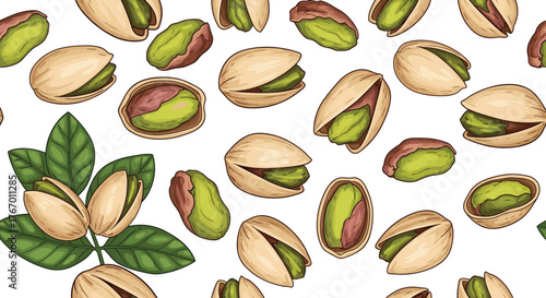 Seamless pattern of vibrant pistachios with their shells open and closed, some with leaves.