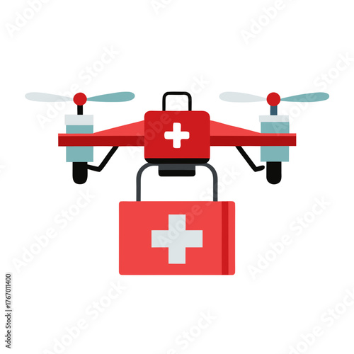 Emergency Medical Drone Icon: First Aid Box Delivery by Quadcopter with Red Cross | Flat Vector