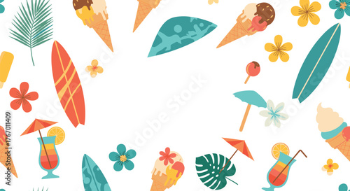 Summer vacation icons including ice cream, surfboards, and tropical drinks on a white background.