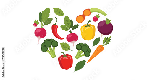 Heart shape arrangement of fresh colorful vegetables and leafy greens on a white background.