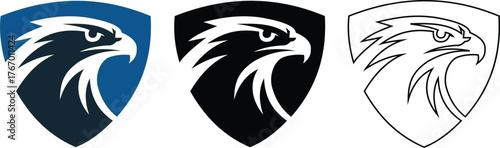 Modern stylized eagle head on shield logo set in vector illustration for sports team or security vector