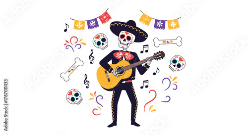 Day of the Dead skeleton guitarist plays a song surrounded by sugar skulls and festive decorations.