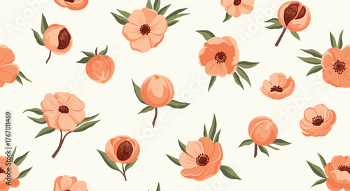 Seamless pattern of delicate peach-colored flowers and buds with green leaves on a cream background.