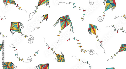 A seamless pattern of colorful, hand-drawn kites with streamers and bows against a white background.