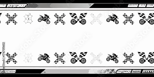 Black and white racing themed graphic elements with checkered flags motorcycles and abstract shapes