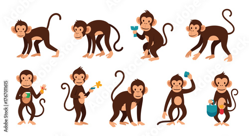 Collection of cartoon monkeys in various poses and with different props, presented against a white background.