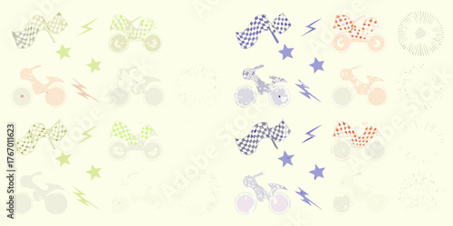 Whimsical motorbike race pattern with checkered flags stars and lightning bolts