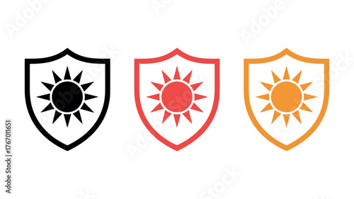 Vector art of three shields with sun inside, protection from sunlight
