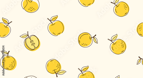 Seamless pattern of yellow apples with leaves and a halved apple on a cream background.