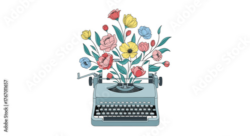 Typewriter with colorful flowers blooming out of the paper roller.