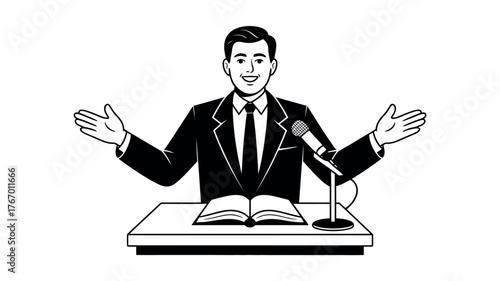 Vector art of man giving speech at podium, public speaking concept