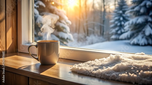 A serene winter scene captures a steaming mug on a windowsill, overlooking a snowcovered landscape, evoking a sense of warmth and tranquility, with sunlight streaming through the window