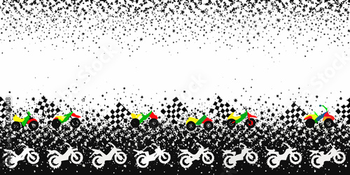 Colorful motocross motorcycles race with checkered flags and star confetti border design