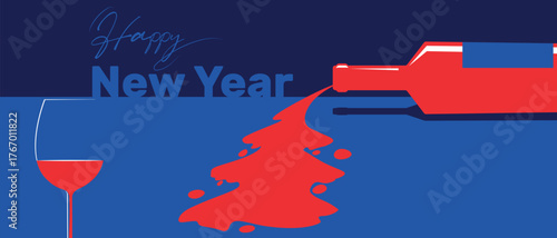 Vector design concept for a New Year's party, Happy New Year, flat illustration of a bottle of alcohol. Christmas tree silhouette, drinks, spilled wine, festival, restaurant banner, bar, alcohol menu