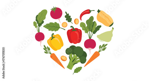 Heart shaped arrangement of fresh vegetables and produce on a white background.