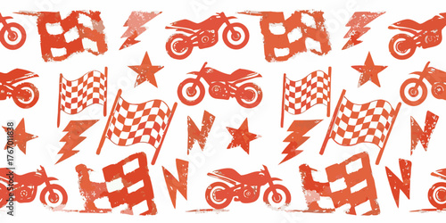 Seamless pattern of red motorcycles checkered flags lightning bolts and stars on a white background
