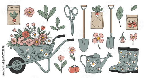 Whimsical garden illustration with a wheelbarrow overflowing with flowers, gardening tools, and boots.