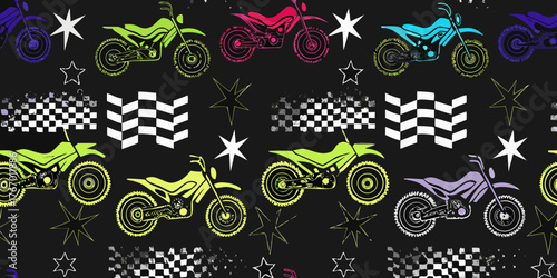Vibrant neon motocross bike pattern with stars and checkered flags on black background