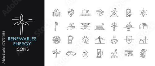 Renewable energy line icon set, outline web icon collection containing Wind Turbine, Solar Panel, Water Power and more, vector illustration in line style.