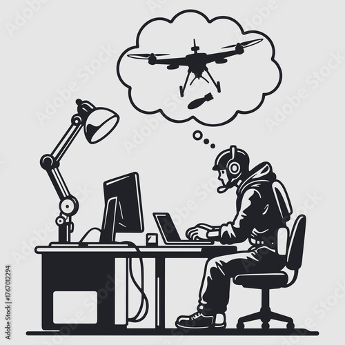 Person  controls an unmanned aerial vehicle using a program on a laptop