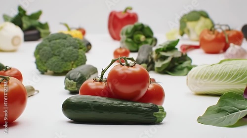 Close Up Fresh Tomatoes Zucchini Broccoli And Various Vegetables Against White Background