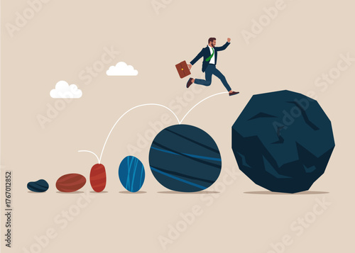Businessman jumping from small to the big stones. Load is increases. Business problem crisis hardship and burden. Vector flat illustration