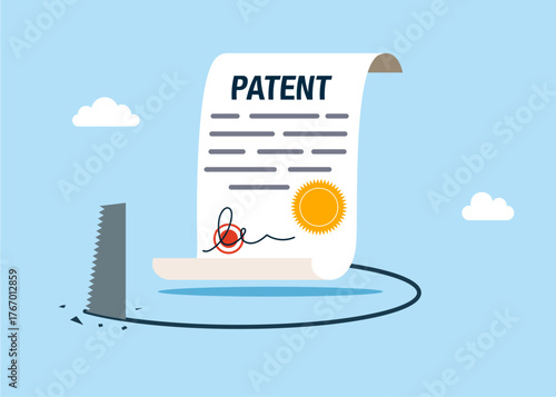 Copyright theft. Patented protection. Invention licensing. Authors rights legal protection. Patent theft. Vector flat illustration