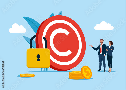 Copyright. Trading data licenses. Protecting idea's legal information with trademark. Vector flat illustration