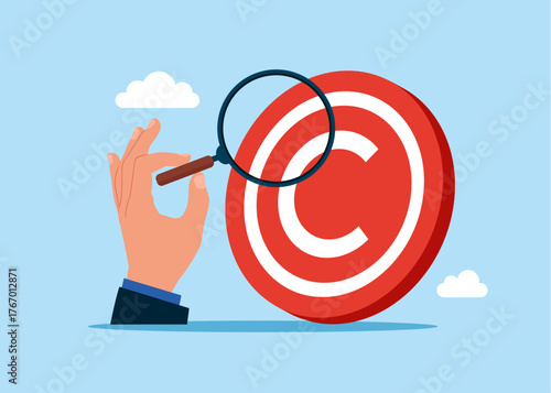 Hands with magnifying glass and copyright symbol. Intellectual property and legislation. Flat vector illustration