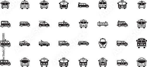 Collection of various vehicle vector icons for transportation and logistics designs