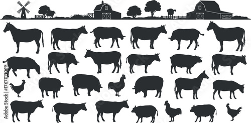 Farm animals silhouettes isolated on white background with rural landscape shapes