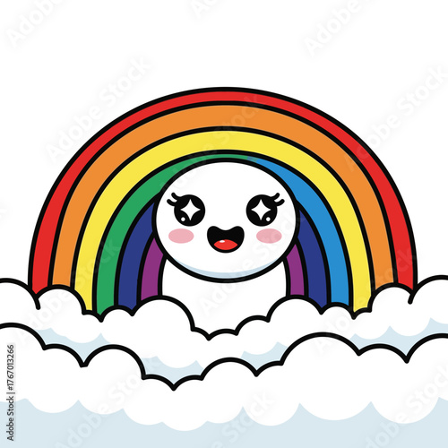 Cute Rainbow Character with Clouds and Sparkling Eyes.