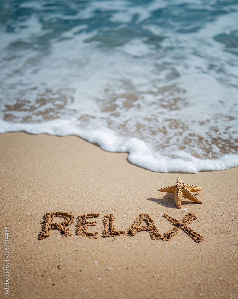 Fototapeta premium “Relax” is written in the sand beside a starfish as waves gently roll onto the shore.