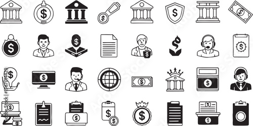 Collection of finance and business vector icons representing banking investments and transactions
