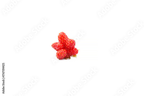 One strawberries with strawberry leaf on white background.