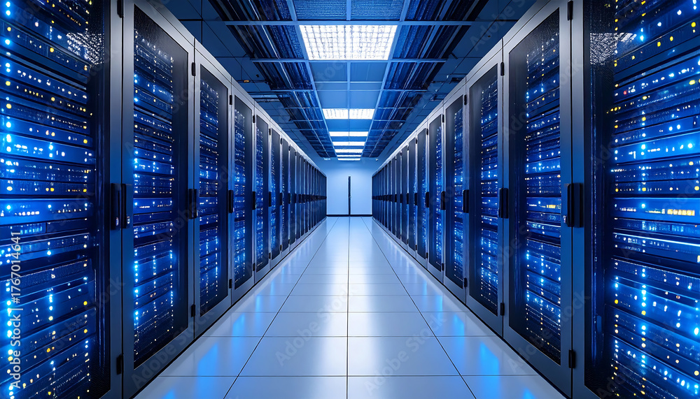 Fototapeta premium Data center server room with rows of network equipment and blue lights
