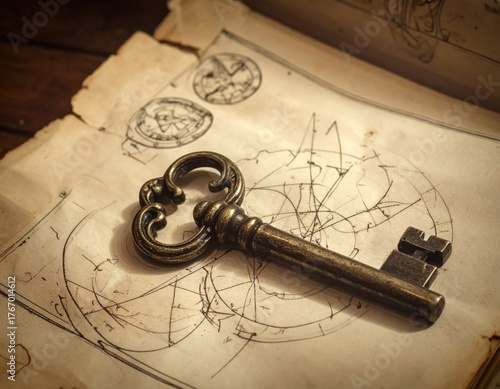 Vintage key rests on ancient papers with intricate drawings and diagrams Generative AI