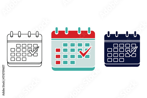 Calendar with check mark icon set, Line art, Flat Silhouette and Flat Color, Three Different version Illustration.