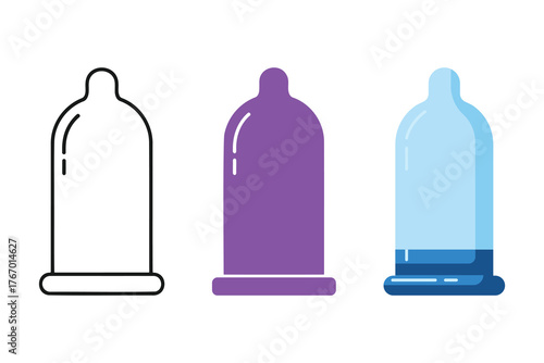 Condom icon set, Line art, Flat Silhouette and Flat Color, Three Different version Illustration.