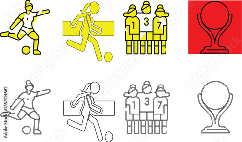 Dynamic Female Football (Soccer) Icon Set: Players, Teamwork, and Trophy (Flat Yellow and Outline Vector)