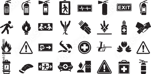 Collection of safety and emergency vector icons fire extinguisher exit sign first aid warning symbols