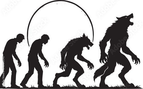 "Werewolf Transformation Silhouette – Human to Beast Evolution Under Full Moon"