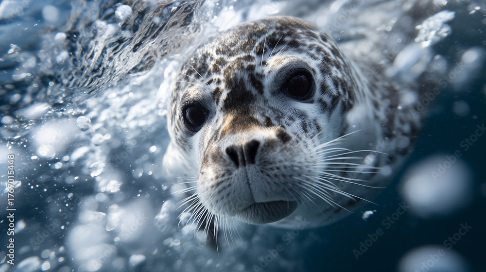 Obraz premium Leopard seal underwater portrait, bubbles and sunlight in background seal, leopard, antarctica, underwater, portrait, marine mammal, cold, realistic, nature, wildlife
