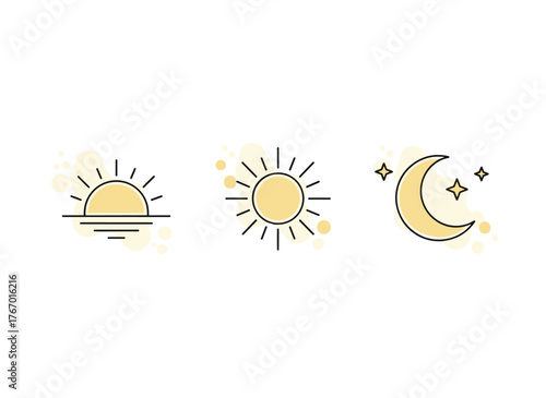 Daytime and nighttime symbols: a moon icon, a sun symbol, and signs for night and day, featuring rising and setting suns, crescent moons, stars, and a day‑night symbol, all gathered together