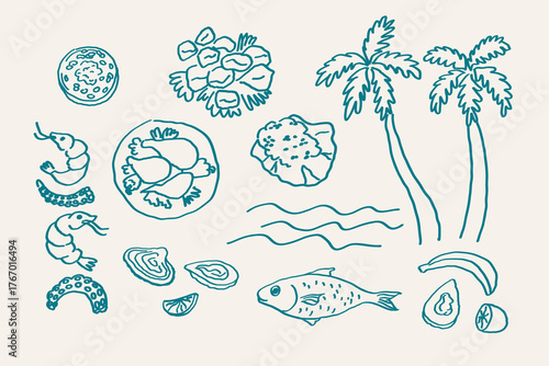 Caribbean food boho sketch. Vector Line art illustration with rice, beans, seafood, fried corn, Griot, Jerk chicken, Fried fish, grill, black banana. Exotica cuisine. Design elements for menu, label