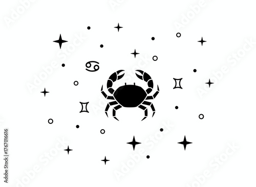 Smooth design featuring the Cancer zodiac sign, its horoscope symbol within the twelve constellations, a line-style zodiac icon, and references to astrology and mythology